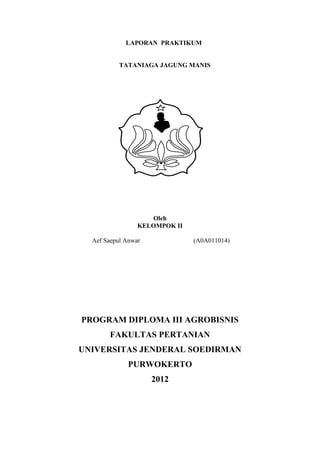 LAPORAN PRAKTIKUM


           TATANIAGA JAGUNG MANIS




                    Oleh
                 KELOMPOK II

  Aef Saepul Anwar             (A0A011014)




PROGRAM DIPLOMA III AGROBISNIS
       FAKULTAS PERTANIAN
UNIVERSITAS JENDERAL SOEDIRMAN
             PURWOKERTO
                     2012
 