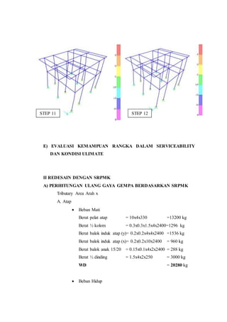 STEP 11 STEP 12 
E) EVALUASI KEMAMPUAN RANGKA DALAM SERVICEABILITY 
DAN KONDISI ULIMATE 
II REDESAIN DENGAN SRPMK 
A) PERHITUNGAN ULANG GAYA GEMPA BERDASARKAN SRPMK 
Tributary Area Arah x 
A. Atap 
 Beban Mati 
Berat pelat atap = 10x4x330 =13200 kg 
Berat ½ kolom = 0.3x0.3x1.5x4x2400=1296 kg 
Berat balok induk atap (y)= 0.2x0.2x4x4x2400 =1536 kg 
Berat balok induk atap (x)= 0.2x0.2x10x2400 = 960 kg 
Berat balok anak 15/20 = 0.15x0.1x4x2x2400 = 288 kg 
Berat ½ dinding = 1.5x4x2x250 = 3000 kg 
WD = 20280 kg 
 Beban Hidup 
 
