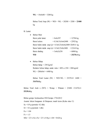 WL = 10x4x80 = 3200 kg 
Beban Total Atap (W) = WD + WL = 20280 + 3200 = 23480 
kg 
B. Lantai 
 Beban Mati 
Berat pelat lantai = 8x4x397 = 12704 kg 
Berat kolom = 0.3x0.3x3x4x2400 = 2592 kg 
Berat balok induk atap (y)= 0.3x0.23x4x4x2400=2649.6 kg 
Berat balok induk atap (x)= 0.3x0.23x8x2400 =1324.8 kg 
Berat dinding = 3x4x2x250 = 6000 kg 
WD = 25270.4 kg 
 Beban Hidup 
Beban hidup = 250 kg/m2 
Reduksi beban hidup untuk toko = 80% x 250 = 200 kg/m2 
WL = 200x8x4 = 6400 kg 
Beban Total Lantai (W) = WD+WL = 25270.4+ 6400 = 
31670.4kg 
Beban Total Arah x (WT) = Watap + Wlantai = 23480 +31670.4= 
55150.4kg 
Beban gempa berdasarkan SNI Gempa 1726:2012 
Asumsi lokasi bangunan di Denpasar, tanah keras (Kelas situs C) 
Ss = 0.9 g (periode 0.2 dtk) 
S1 = 0.3 g (periode 1 dtk) 
Fa = 1.04 
Fv = 1.5 
SDs = 2/3 x Ss x Fa = 2/3 x 0.9g x 1.04 = 0.624 g 
 