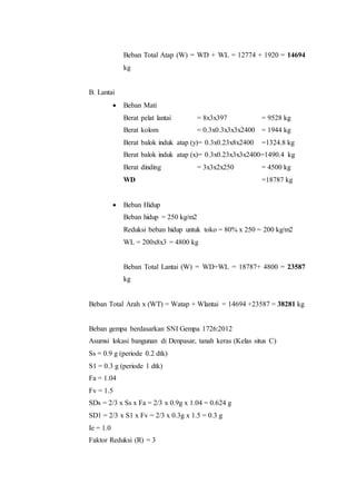Beban Total Atap (W) = WD + WL = 12774 + 1920 = 14694 
kg 
B. Lantai 
 Beban Mati 
Berat pelat lantai = 8x3x397 = 9528 kg 
Berat kolom = 0.3x0.3x3x3x2400 = 1944 kg 
Berat balok induk atap (y)= 0.3x0.23x8x2400 =1324.8 kg 
Berat balok induk atap (x)= 0.3x0.23x3x3x2400=1490.4 kg 
Berat dinding = 3x3x2x250 = 4500 kg 
WD =18787 kg 
 Beban Hidup 
Beban hidup = 250 kg/m2 
Reduksi beban hidup untuk toko = 80% x 250 = 200 kg/m2 
WL = 200x8x3 = 4800 kg 
Beban Total Lantai (W) = WD+WL = 18787+ 4800 = 23587 
kg 
Beban Total Arah x (WT) = Watap + Wlantai = 14694 +23587 = 38281 kg 
Beban gempa berdasarkan SNI Gempa 1726:2012 
Asumsi lokasi bangunan di Denpasar, tanah keras (Kelas situs C) 
Ss = 0.9 g (periode 0.2 dtk) 
S1 = 0.3 g (periode 1 dtk) 
Fa = 1.04 
Fv = 1.5 
SDs = 2/3 x Ss x Fa = 2/3 x 0.9g x 1.04 = 0.624 g 
SD1 = 2/3 x S1 x Fv = 2/3 x 0.3g x 1.5 = 0.3 g 
Ie = 1.0 
Faktor Reduksi (R) = 3 
 