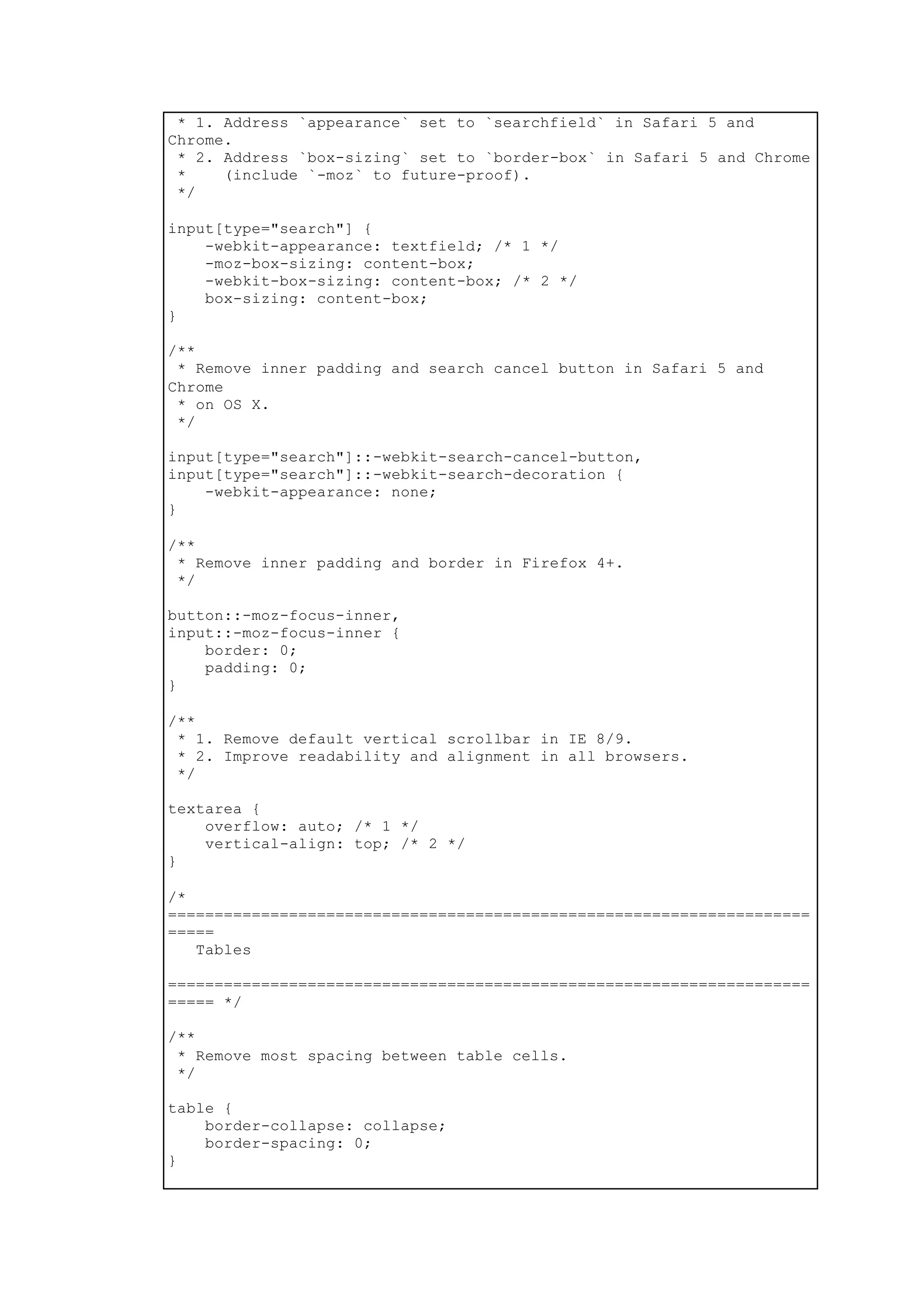 * 1. Address `appearance` set to `searchfield` in Safari 5 and
Chrome.
* 2. Address `box-sizing` set to `border-box` in Safari 5 and Chrome
* (include `-moz` to future-proof).
*/
input[type="search"] {
-webkit-appearance: textfield; /* 1 */
-moz-box-sizing: content-box;
-webkit-box-sizing: content-box; /* 2 */
box-sizing: content-box;
}
/**
* Remove inner padding and search cancel button in Safari 5 and
Chrome
* on OS X.
*/
input[type="search"]::-webkit-search-cancel-button,
input[type="search"]::-webkit-search-decoration {
-webkit-appearance: none;
}
/**
* Remove inner padding and border in Firefox 4+.
*/
button::-moz-focus-inner,
input::-moz-focus-inner {
border: 0;
padding: 0;
}
/**
* 1. Remove default vertical scrollbar in IE 8/9.
* 2. Improve readability and alignment in all browsers.
*/
textarea {
overflow: auto; /* 1 */
vertical-align: top; /* 2 */
}
/*
=====================================================================
=====
Tables
=====================================================================
===== */
/**
* Remove most spacing between table cells.
*/
table {
border-collapse: collapse;
border-spacing: 0;
}
 
