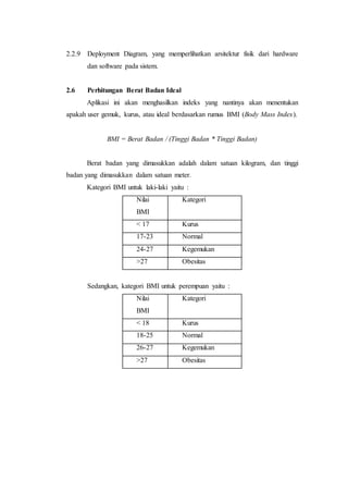 2.2.9 Deployment Diagram, yang memperlihatkan arsitektur fisik dari hardware
dan software pada sistem.
2.6 Perhitungan Berat Badan Ideal
Aplikasi ini akan menghasilkan indeks yang nantinya akan menentukan
apakah user gemuk, kurus, atau ideal berdasarkan rumus BMI (Body Mass Index).
BMI = Berat Badan / (Tinggi Badan * Tinggi Badan)
Berat badan yang dimasukkan adalah dalam satuan kilogram, dan tinggi
badan yang dimasukkan dalam satuan meter.
Kategori BMI untuk laki-laki yaitu :
Nilai
BMI
Kategori
< 17 Kurus
17-23 Normal
24-27 Kegemukan
>27 Obesitas
Sedangkan, kategori BMI untuk perempuan yaitu :
Nilai
BMI
Kategori
< 18 Kurus
18-25 Normal
26-27 Kegemukan
>27 Obesitas
 