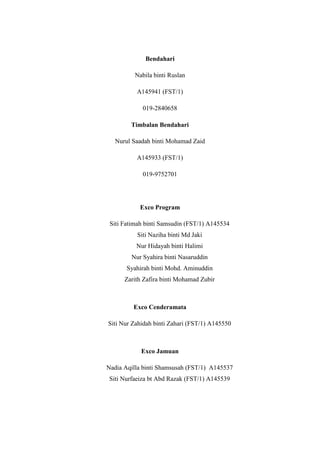 Bendahari
Nabila binti Ruslan
A145941 (FST/1)
019-2840658
Timbalan Bendahari
Nurul Saadah binti Mohamad Zaid
A145933 (FST/1)
019-9752701
Exco Program
Siti Fatimah binti Samsudin (FST/1) A145534
Siti Naziha binti Md Jaki
Nur Hidayah binti Halimi
Nur Syahira binti Nasaruddin
Syahirah binti Mohd. Aminuddin
Zarith Zafira binti Mohamad Zubir
Exco Cenderamata
Siti Nur Zahidah binti Zahari (FST/1) A145550
Exco Jamuan
Nadia Aqilla binti Shamsusah (FST/1) A145537
Siti Nurfaeiza bt Abd Razak (FST/1) A145539
 