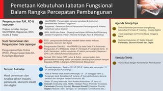 Pemetaan Kebutuhan Jabatan Fungsional
Dalam Rangka Percepatan Pembangunan
Diskusi terbatas dengan
MenPANRB, Bappenas, BKN,
KASN & Pakar
Penyempurnaan ToR , RD &
Instrumen
MenPANRB : Penyamakan persepsi penataan & Instrumen
pembentukan Jabatan Fungsional
Bappenas : Penentuan Sektor Percepatan Pembangunan & Kriteria
penentuan Lokus Daerah
BKN, KASN dan Pakar : Sharing hasil Kajian BKN dan KASN tentang
Jabatan Fungsional, Pakar : Review Kerangka Teori & Metodologi
Pengumpulan Data Online
(PDO), Pengumpulan Data K/L,
Kunjungan lapangan
Studi Pendahuluan dan
Pengumpulan Data Lapangan
PDO : pengumpulan berbagai masalah dalam sektor industri,
pariwisata, ekonomi dan digital
Pengumpulan Data K/L : MenPANRB (Up date Data JF & Instrumen
Pengusulan JF), BKN (Data Detail JF) Terdapat JF yang tidak terisi, B-
Kraf / Kemenpar ( potret kebutuhan JF sektor percepatan), Bapenas /
LIPI / LAN (teknis formasi kebutuhan JF)
Sumsel, DKI, Kalsel, NTT, Jabar & Sultra : pengumpulan data
permasalahan/strategi sektor percepatan pembangunan daerah dengan
Bappeda, BPSM, Litbangda, OPD Sektoral, Masyarakat
Hasil penemuan dan
Analisa sektor industri,
pariwisata, ekonomi kreatif
dan digital
Temuan & Analisa
Temuan lapangan : Saat ini 193 JF (52 JF belum ada pemangku, 12
JF pemangkunya <20 orang)
ASN di Pemda tidak tertarik memangku JF : JF dianggap kelas 2,
Tunjangan kecil, Sosialisasi JF kurang, JF banyak berkurang karena
pensiun dan diangkat menjadi struktural, dll)
Selain JF yang telah ada, Hasil Analisa Kebutuhan JF baru a.l :
Industri (Analis Big Data, AMMI, Intelejen Pasar, Promotor Investasi),
Pariwisata (Pamong Wisata), Ekonomi Kreatif ( Desainer Produk)
Digital (Heacker, Adm. Jaringan, IoT Developer, Omnichannel dev.)
Agenda Selanjutnya
Diskusi terbatas perumusan menghitung
kebutuhan Formasi JF masing – masing Sektor
Turun Lapangan ke Provinsi Nusa Tenggara
Barat
Seminar Kebutuhan JF Sektor Industri,
Pariwisata, Ekonomi Kreatif dan Digital
Kendala Teknis
Komunikasi dengan Kementerian Perindustrian
 