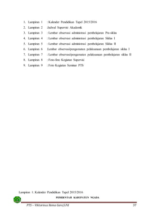 PTS – Viktorinus Rema Gare,S.Pd 37
1. Lampiran 1 : Kalender Pendidikan Tapel 2015/2016
2. Lampiran 2 :Jadwal Supervisi Akademik
3. Lampiran 3 : Lembar observasi administrasi pembelajaran Pra siklus
4. Lampiran 4 : Lembar observasi administrasi pembelajaran Siklus I
5. Lampiran 5 : Lembar observasi administrasi pembelajaran Siklus II
6. Lampiran 6 :Lembar observasi/pengamatan pelaksanaan pembelajaran siklus I
7. Lampiran 7 : Lembar observasi/pengamatan pelaksanaan pembelajaran siklus II
8. Lampiran 8 : Foto-foto Kegiatan Supervisi
9. Lampiran 9 : Foto Kegiatan Seminar PTS
Lampiran 1. Kalender Pendidikan Tapel 2015/2016
PEMERNTAH KABUPATEN NGADA
 