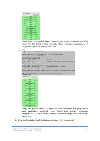MIRRA ARIESTA AMALIA ADIBA | 2103131055
M. ARDHY WINDHY SAPUTRA | 2103131060
6
Fungsi nmap –F merupakan fungsi Fast mode yaitu dengan melakukan scan lebih
sedikit port dari default scannya. Sehingga teknik pemindaian menggunakan –F
menghasilkan proses scan yang lebih cepat.
b. –sV
Fungsi dari perintah nmap –sV digunakan untuk memeriksa port yang terbuka
untuk menentukan service/info versi. Seperti pada tampilan pemindaian
menggunakan –sV diatas tampak informasi tambahan berupa versi dari masing-
masing port.
2. Catat dan bandingkan hasil dari kedua opsi diatas ! Beri komentarmu!
 