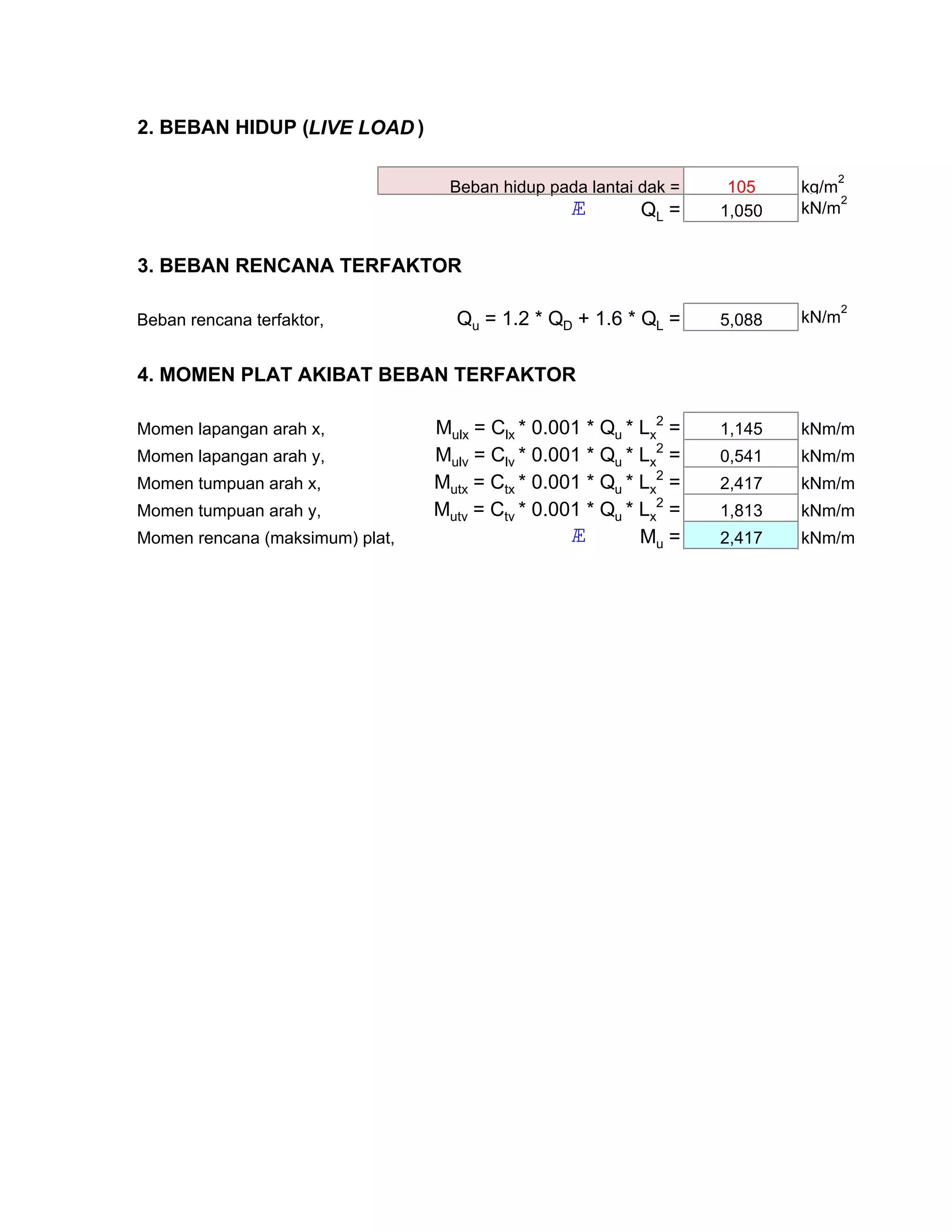 2. BEBAN HIDUP (LIVE LOAD )
Beban hidup pada lantai dak = 105 kg/m
2
 QL = 1,050 kN/m
2
3. BEBAN RENCANA TERFAKTOR
Beban rencana terfaktor, Qu = 1.2 * QD + 1.6 * QL = 5,088 kN/m
2
4. MOMEN PLAT AKIBAT BEBAN TERFAKTOR
Momen lapangan arah x, Mulx = Clx * 0.001 * Qu * Lx
2
= 1,145 kNm/m
Momen lapangan arah y, Muly = Cly * 0.001 * Qu * Lx
2
= 0,541 kNm/m
Momen tumpuan arah x, Mutx = Ctx * 0.001 * Qu * Lx
2
= 2,417 kNm/m
Momen tumpuan arah y, Muty = Cty * 0.001 * Qu * Lx
2
= 1,813 kNm/m
Momen rencana (maksimum) plat,  Mu = 2,417 kNm/m
 