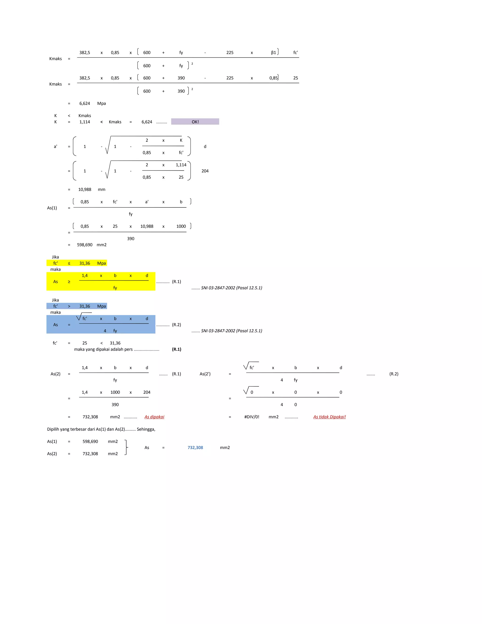 382,5 x 0,85 x 600 + fy - 225 x β1 fc'
Kmaks =
600 + fy
2
382,5 x 0,85 x 600 + 390 - 225 x 0,85 25
Kmaks =
600 + 390
2
= 6,624 Mpa
K < Kmaks
K = 1,114 < Kmaks = 6,624 .........
2 x K
a' = 1 - 1 - d
0,85 x fc'
2 x 1,114
= 1 - 1 - 204
0,85 x 25
= 10,988 mm
0,85 x fc' x a' x b
As(1) =
fy
0,85 x 25 x 10,988 x 1000
=
390
= 598,690 mm2
Jika
fc' ≤ 31,36 Mpa
maka
1,4 x b x d
As ≥ ........... (R.1)
fy ....... SNI 03-2847-2002 (Pasal 12.5.1)
Jika
fc' > 31,36 Mpa
maka
fc' x b x d
As = ........... (R.2)
4 fy ....... SNI 03-2847-2002 (Pasal 12.5.1)
fc' = 25 < 31,36
maka yang dipakai adalah pers ..................... (R.1)
1,4 x b x d fc' x b x d
As(2) = ....... (R.1) As(2') = ....... (R.2)
fy 4 fy
1,4 x 1000 x 204 0 x 0 x 0
= =
390 4 0
= mm2 ........... = #DIV/0! mm2 ...........
Dipilih yang terbesar dari As(1) dan As(2)......... Sehingga,
As(1) = mm2
As = mm2
As(2) = mm2
732,308
598,690
732,308
732,308
As dipakai As tidak Dipakai!
OK!
 