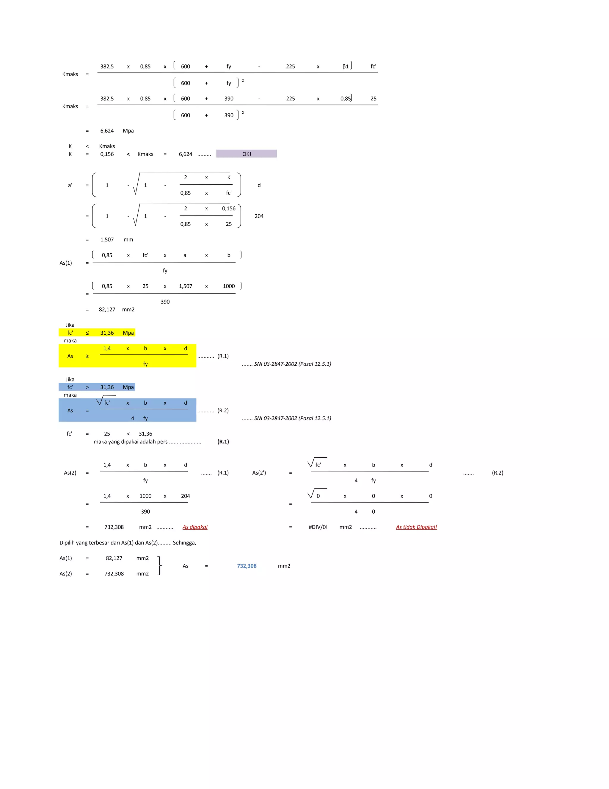 382,5 x 0,85 x 600 + fy - 225 x β1 fc'
Kmaks =
600 + fy
2
382,5 x 0,85 x 600 + 390 - 225 x 0,85 25
Kmaks =
600 + 390
2
= 6,624 Mpa
K < Kmaks
K = 0,156 < Kmaks = 6,624 .........
2 x K
a' = 1 - 1 - d
0,85 x fc'
2 x 0,156
= 1 - 1 - 204
0,85 x 25
= 1,507 mm
0,85 x fc' x a' x b
As(1) =
fy
0,85 x 25 x 1,507 x 1000
=
390
= 82,127 mm2
Jika
fc' ≤ 31,36 Mpa
maka
1,4 x b x d
As ≥ ........... (R.1)
fy ....... SNI 03-2847-2002 (Pasal 12.5.1)
Jika
fc' > 31,36 Mpa
maka
fc' x b x d
As = ........... (R.2)
4 fy ....... SNI 03-2847-2002 (Pasal 12.5.1)
fc' = 25 < 31,36
maka yang dipakai adalah pers ..................... (R.1)
1,4 x b x d fc' x b x d
As(2) = ....... (R.1) As(2') = ....... (R.2)
fy 4 fy
1,4 x 1000 x 204 0 x 0 x 0
= =
390 4 0
= mm2 ........... = #DIV/0! mm2 ...........
Dipilih yang terbesar dari As(1) dan As(2)......... Sehingga,
As(1) = mm2
As = mm2
As(2) = mm2
As dipakai As tidak Dipakai!
OK!
732,308
732,308
82,127
732,308
 