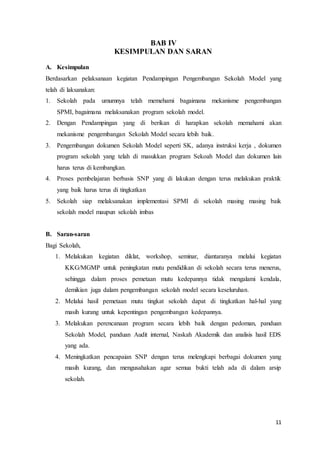 11
BAB IV
KESIMPULAN DAN SARAN
A. Kesimpulan
Berdasarkan pelaksanaan kegiatan Pendampingan Pengembangan Sekolah Model yang
telah di laksanakan:
1. Sekolah pada umumnya telah memehami bagaimana mekanisme pengembangan
SPMI, bagaimana melaksanakan program sekolah model.
2. Dengan Pendampingan yang di berikan di harapkan sekolah memahami akan
mekanisme pengembangan Sekolah Model secara lebih baik.
3. Pengembangan dokumen Sekolah Model seperti SK, adanya instruksi kerja , dokumen
program sekolah yang telah di masukkan program Sekoah Model dan dokumen lain
harus terus di kembangkan.
4. Proses pembelajaran berbasis SNP yang di lakukan dengan terus melakukan praktik
yang baik harus terus di tingkatkan
5. Sekolah siap melaksanakan implementasi SPMI di sekolah masing masing baik
sekolah model maupun sekolah imbas
B. Saran-saran
Bagi Sekolah,
1. Melakukan kegiatan diklat, workshop, seminar, diantaranya melalui kegiatan
KKG/MGMP untuk peningkatan mutu pendidikan di sekolah secara terus menerus,
sehingga dalam proses pemetaan mutu kedepannya tidak mengalami kendala,
demikian juga dalam pengembangan sekolah model secara keseluruhan.
2. Melalui hasil pemetaan mutu tingkat sekolah dapat di tingkatkan hal-hal yang
masih kurang untuk kepentingan pengembangan kedepannya.
3. Melakukan perencanaan program secara lebih baik dengan pedoman, panduan
Sekolah Model, panduan Audit internal, Naskah Akademik dan analisis hasil EDS
yang ada.
4. Meningkatkan pencapaian SNP dengan terus melengkapi berbagai dokumen yang
masih kurang, dan mengusahakan agar semua bukti telah ada di dalam arsip
sekolah.
 