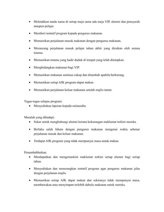 • Meletakkan tanda nama di setiap meja sama ada meja VIP, alumni dan pensyarah
ataupun pelajar.
• Memberi tentatif program kepada pengurus makanan.
• Memastikan perjalanan masuk makanan dengan pengurus makanan.
• Merancang perjalanan masuk pelajar tahun akhir yang diraikan oleh semua
tetamu.
• Memastikan tetamu yang hadir duduk di tempat yang telah ditetapkan.
• Menghidangkan makanan bagi VIP.
• Memastikan makanan sentiasa cukup dan ditambah apabila berkurang.
• Memastikan setiap AJK program dapat makan.
• Memastikan perjalanan keluar makanan setelah majlis tamat.
Tugas-tugas selepas program:
• Menyediakan laporan kepada setiausaha.
Masalah yang dihadapi:
• Sukar untuk menghubungi alumni kerana kekurangan maklumat terkini mereka.
• Berlaku salah faham dengan pengurus makanan mengenai waktu sebenar
perjalanan masuk dan keluar makanan.
• Terdapat AJK program yang tidak mempunyai masa untuk makan.
Penambahbaikan:
• Mendapatkan dan mengemaskini maklumat terkini setiap alumni bagi setiap
tahun.
• Menyediakan dan menerangkan tentatif program agar pengurus makanan jelas
dengan perjalanan majlis.
• Memastikan setiap AJK dapat makan dan sekiranya tidak mempunyai masa,
membawakan atau menyimpan terlebih dahulu makanan untuk mereka.
 