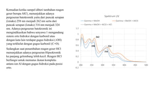 -0.2
0
0.2
0.4
0.6
0.8
1
1.2
200 250 300 350 400 450 500
Spektrum UV
Gamma + MeOH Gamma + MeOH + AlCl3
Gamma + MeOH + AlCl3 + HCl
Kemudian ketika sampel diberi tambahan reagen
geser berupa AlCl3 menunjukkan adanya
pergeseran batokromik yaitu dari puncak serapan
(λmaks) 258 nm menjadi 262 nm serta dari
puncak serapan (λmaks) 316 nm menjadi 324
nm. Adanya pergeseran batokromik ini
mengindikasikan bahwa senyawa 1 mengandung
sistem orto hidroksi dengan karbonil atau
dengan kata lain terdapat gugus hidroksi (-OH)
yang terkhelat dengan gugus karbonil (C=O).
Sedangkan saat penambahan reagen geser HCl
menunjukkan adanya pergeseran Hipsokromik
ke panjang gelombang lebih kecil. Reagen HCl
berfungsi untuk memutus ikatan kompleks
antara ion Al dengan gugus hidroksi pada posisi
orto.
258
262
316
324
 