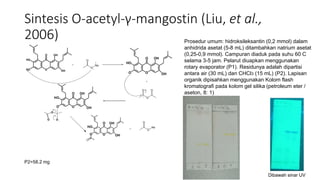 Sintesis O-acetyl-γ-mangostin (Liu, et al.,
2006)
O
O OH
OH
HO
HO
O
Na
O
O
O OH
OH
HO
O
O
O O
O
O OH
OH
HO
O
O
O
O
O
O OH
OH
HO
O
O
O
Na
O
Prosedur umum: hidroksileksantin (0,2 mmol) dalam
anhidrida asetat (5-8 mL) ditambahkan natrium asetat
(0,25-0,9 mmol). Campuran diaduk pada suhu 60 C
selama 3-5 jam. Pelarut diuapkan menggunakan
rotary evaporator (P1). Residunya adalah dipartisi
antara air (30 mL) dan CHCl3 (15 mL) (P2). Lapisan
organik dipisahkan menggunakan Kolom flash
kromatografi pada kolom gel silika (petroleum eter /
aseton, 8: 1)
P2=58.2 mg
Dibawah sinar UV
 