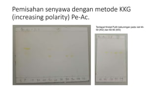 Pemisahan senyawa dengan metode KKG
(increasing polarity) Pe-Ac.
Terdapat Kristal Putih kekuningan pada vial 44-
59 (Kf2) dan 60-90 (Kf3)
 