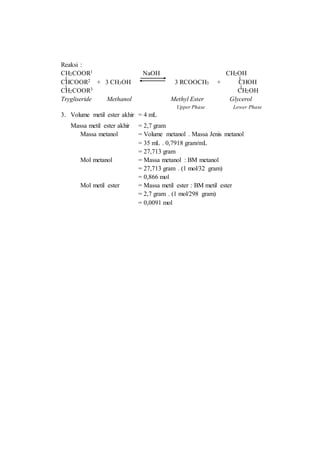 Reaksi :
CH2COOR1 NaOH CH2OH
CHCOOR2 + 3 CH3OH 3 RCOOCH3 + CHOH
CH2COOR3 CH2OH
Trygliseride Methanol Methyl Ester Glycerol
Upper Phase Lower Phase
3. Volume metil ester akhir = 4 mL
Massa metil ester akhir = 2,7 gram
Massa metanol = Volume metanol . Massa Jenis metanol
= 35 mL . 0,7918 gram/mL
= 27,713 gram
Mol metanol = Massa metanol : BM metanol
= 27,713 gram . (1 mol/32 gram)
= 0,866 mol
Mol metil ester = Massa metil ester : BM metil ester
= 2,7 gram . (1 mol/298 gram)
= 0,0091 mol
 