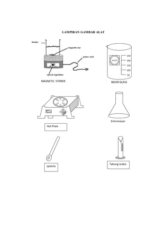 LAMPIRAN GAMBAR ALAT
T
t
aGetabung
reaksiLAS
BEKER GLASS
SCHOTT
250
200
150
100
50
Erlenmeyer
MAGNETIC STIRRER
HOT PLATE
dfkfjd
Tabung reaksi
spatula
Hot Plate
 