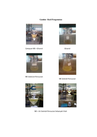 Gambar Hasil Pengamatan
Campuan ME + Gliserol Gliserol
ME Sebelum Pencucian
ME Setelah Pencucian
ME + Air Setelah Pencucian Sebanyak 5 Kali
 