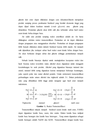 gliserin dari ester dapat dilakukan dengan cara dekantasi.Gliserin merupakan
produk samping proses pembuatan biodiesel yang bernilai ekonomis tinggi yang
dapat dijual dalam keadaan mentah (crude glycerin) atau gliserin yang
dimurnikan. Pemurnian gliserin akan lebih sulit jika terbentuk sabun hasil reaksi
asam lemak bebas dengan basa.
Air salah satu produk samping reaksi esterifikasi adalah air. Air harus
dihilangkan sebelum reaksi transesterifikasi. Pemisahan air ini dapat dilakukan
dengan penguapan atau menggunakan absorber. Pemisahan air dengan penguapan
lebih banyak dilakukan dalam industri biodiesel karena lebih murah. Air menjadi
sulit dipisahkan jika terdapat sabun hasil reaksi asam lemak bebas dengan basa.
Air akan berikatan dengan sabun dan gliserin sehingga pemisahannya menjadi
sulit.
Sebuah katalis biasanya dipakai untuk meningkatkan kecepatan reaksi dan
hasil. Karena reaksi reversibel, maka alkohol ekses digunakan untuk mengganti
kesetimbangan ke arah produk. Alkohol yang digunakan biasanya metanol dan
etanol, metanol lebih sering digunakan karena mempunyai beberapa keuntungan,
yaitu seperti polar dan rantai alkohol pendek. Untuk stokiometri transesterifikasi
perbandingan molar antara alkohol dan trigliserid adalah 3:1. Dalam prakteknya
ratio yang dibutuhkan lebih tinggi untuk mengatur agar hasil ester menjadi
maksimum.
Trigliserida metanol gliserol metil ester
Gambar 1. Reaksi Transesterifikasi
Transesterifikasi minyak menjadi biodiesel (asam lemak metil ester, FAME)
dapat digunakan katalis basa, asam, dan enzim. Dalam katalis basa meliputi
katalis basa homogen dan katalis basa heterogen . Yang umum digunakan sebagai
katalis homogen adalah NaOH dan KOH. Transesterifikasi dengan katalis basa
katalis
C R''
O
C R'
O
O
C R
+
H2C O
OC2H
OCH
H
H
H
kalor
O
O
O
C
C
C
HC O
H2C O
OC2H R
R'
R''
+ 3 CH3OH
CH3O
CH3O
CH3O
 
