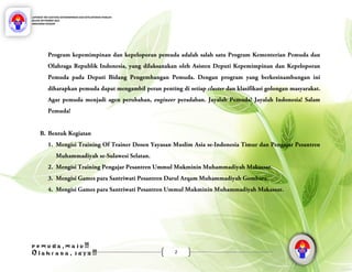 LAPORAN TIM ASISTENSI KEPEMIMPINAN DAN KEPELOPORAN PEMUDA
BULAN SEPTEMBER 2016
MOHAMAD KHAIDIR
p e m u d a , m a j u !!
O l a h r a g a , j a y a !! 2
 