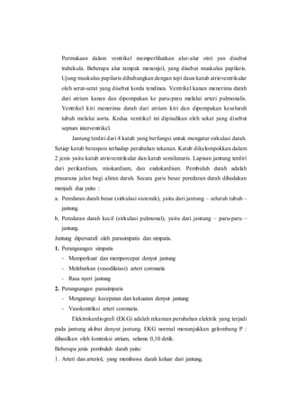 Permukaan dalam ventrikel memperlihatkan alur-alur otot yan disebut
trabekula. Beberapa alur tampak menonjol, yang disebut muskulus papilaris.
Ujung muskulus papilaris dihubungkan dengan tepi daun katub atrioventrikular
oleh serat-serat yang disebut korda tendinea. Ventrikel kanan menerima darah
dari atrium kanan dan dipompakan ke paru-paru melalui arteri pulmonalis.
Ventrikel kiri menerima darah dari atrium kiri dan dipompakan keseluruh
tubuh melalui aorta. Kedua ventrikel ini dipisahkan oleh sekat yang disebut
septum interventrikel.
Jantung terdiri dari 4 katub yang berfungsi untuk mengatur sirkulasi darah.
Setiap katub berespon terhadap perubahan tekanan. Katub dikelompokkan dalam
2 jenis yaitu katub atrioventrikular dan katub semilunaris. Lapisan jantung terdiri
dari perikardium, miokardium, dan endokardium. Pembuluh darah adalah
prasarana jalan bagi aliran darah. Secara garis besar peredaran darah dibedakan
menjadi dua yaitu :
a. Peredaran darah besar (sirkulasi sistemik), yaitu dari jantung – seluruh tubuh –
jantung.
b. Peredaran darah kecil (sirkulasi pulmonal), yaitu dari jantung – paru-paru –
jantung.
Jantung dipersarafi oleh parasimpatis dan simpatis.
1. Perangsangan simpatis
- Memperkuat dan mempercepat denyut jantung
- Melebarkan (vasodilatasi) arteri coronaria
- Rasa nyeri jantung
2. Perangsangan parasimpatis
- Mengurangi kecepatan dan kekuatan denyut jantung
- Vasokontriksi arteri coronaria.
Elektrokardiografi (EKG) adalah rekaman perubahan elektrik yang terjadi
pada jantung akibat denyut jantung. EKG normal menunjukkan gelombang P :
dihasilkan oleh kontraksi atrium, selama 0,10 detik.
Beberapa jenis pembuluh darah yaitu:
1. Arteri dan arteriol, yang membawa darah keluar dari jantung.
 