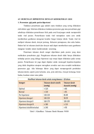 4.5 HUBUNGAN HIPERTENSI DENGAN KEDOKTERAN GIGI
1. Perawatan gigi pada pasien hipertensi
Tindakan pencabutan gigi adalah suatu tindakan yang sering dilakukan
oleh dokter gigi. Sebelum dilakukan tindakan perawatan gigi atau pencabutan gigi
sebaiknya dilakukan pemeriksaan fisik pada awal kunjungan untuk memperoleh
tanda vital pasien. Pemeriksaan tanda vital merupakan suatu cara untuk
memberikan gambaran mengenai kondisi fungsi kinerja tubuh. Tanda vital ini
meliputi tekanan darah, denyut jantung, frekuensi pernapasan, dan suhu badan.
Dalam hal ini tekanan darah dan denyut nadi dapat memberikan suatu gambaran
mengenai kondisi sistem kardiovaskular seseorang.
Penentuan tekanan darah sangat diperlukan pada pasien yang akan
melakukan pencabutan gigi. Pengukuran tekanan darah tidak hanya dilakukan
terhadap pasien yang diduga hipertensi saja tetapi dapat dilakukan pada semua
pasien. Pemeriksaan ini juga dapat dipakai untuk mencegah kejadian-kejadian
yang tidak dinginkan ataupun merugikan sewaktu saat atau sesudah melakukan
perawatan gigi. Ada beberapa faktor yang dapat mempengaruhi perubahan
tekanan darah, seperti jenis kelamin, usia, jenis aktivitas, riwayat keluarga, berat
badan, keadaan emosi atau psikis.
Tabel 1. Klasifikasi Tekanan Darah Menurut WHO
Dalam praktek kedokteran gigi, keadaan emosi, stres, dan kecemasan
kadang dijumpai pada pasien yang berkunjung ke dokter gigi. Keadaan ini dapat
Tabel 1. Klasifikasi Tekanan Darah Menurut WHO
 