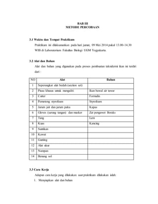 BAB III
METODE PERCOBAAN
3.1 Waktu dan Tempat Praktikum
Praktikum ini dilaksanankan pada hari jumat, 09 Mei 2014 pukul 13.00-14.30
WIB di Laboratorium Fakultas Biologi UGM Yogyakarta.
3.2 Alat dan Bahan
Alat dan bahan yang digunakan pada proses pembuatan taksidermi ikan ini terdiri
dari :
NO Alat Bahan
1 Seperangkat alat bedah (section set)
2 Pisau khusus untuk menguliti Ikan bawal air tawar
3 Cutter Formalin
4 Pemotong styrofoam Styrofoam
5 Jarum jait dan jarum paku Kapas
6 Gloves (sarung tangan) dan masker Zat pengawet Boraks
7 Tang Lem
8 Kuas Kancing
9 Suntikan
10 Kawat
11 Gunting
12 Alat ukur
13 Nampan
14 Benang sol
3.3 Cara Kerja
Adapun cara kerja yang dilakukan saat praktikum dilakukan ialah:
1. Menyiapkan alat dan bahan
 
