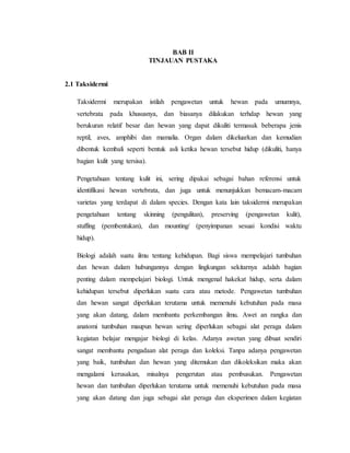 BAB II
TINJAUAN PUSTAKA
2.1 Taksidermi
Taksidermi merupakan istilah pengawetan untuk hewan pada umumnya,
vertebrata pada khususnya, dan biasanya dilakukan terhdap hewan yang
berukuran relatif besar dan hewan yang dapat dikuliti termasuk beberapa jenis
reptil, aves, amphibi dan mamalia. Organ dalam dikeluarkan dan kemudian
dibentuk kembali seperti bentuk asli ketika hewan tersebut hidup (dikuliti, hanya
bagian kulit yang tersisa).
Pengetahuan tentang kulit ini, sering dipakai sebagai bahan referensi untuk
identifikasi hewan vertebrata, dan juga untuk menunjukkan bemacam-macam
varietas yang terdapat di dalam species. Dengan kata lain taksidermi merupakan
pengetahuan tentang skinning (pengulitan), preserving (pengawetan kulit),
stuffing (pembentukan), dan mounting/ (penyimpanan sesuai kondisi waktu
hidup).
Biologi adalah suatu ilmu tentang kehidupan. Bagi siswa mempelajari tumbuhan
dan hewan dalam hubungannya dengan lingkungan sekitarnya adalah bagian
penting dalam mempelajari biologi. Untuk mengenal hakekat hidup, serta dalam
kehidupan tersebut diperlukan suatu cara atau metode. Pengawetan tumbuhan
dan hewan sangat diperlukan terutama untuk memenuhi kebutuhan pada masa
yang akan datang, dalam membantu perkembangan ilmu. Awet an rangka dan
anatomi tumbuhan maupun hewan sering diperlukan sebagai alat peraga dalam
kegiatan belajar mengajar biologi di kelas. Adanya awetan yang dibuat sendiri
sangat membantu pengadaan alat peraga dan koleksi. Tanpa adanya pengawetan
yang baik, tumbuhan dan hewan yang ditemukan dan dikoleksikan maka akan
mengalami kerusakan, misalnya pengerutan atau pembusukan. Pengawetan
hewan dan tumbuhan diperlukan terutama untuk memenuhi kebutuhan pada masa
yang akan datang dan juga sebagai alat peraga dan eksperimen dalam kegiatan
 