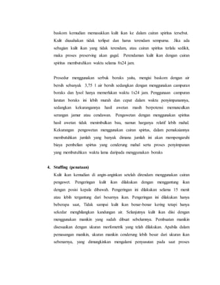 baskom kemudian memasukkan kulit ikan ke dalam cairan spiritus tersebut.
Kulit diusahakan tidak terlipat dan harus terendam sempurna. Jika ada
sebagian kulit ikan yang tidak terendam, atau cairan spiritus terlalu sedikit,
maka proses preserving akan gagal. Perendaman kulit ikan dengan cairan
spiritus membutuhkan waktu selama 8x24 jam.
Prosedur menggunakan serbuk boraks yaitu, mengisi baskom dengan air
bersih sebanyak 3,75 l air bersih sedangkan dengan menggunakan campuran
boraks dan lysol hanya memerlukan waktu 1x24 jam. Penggunaan campuran
larutan boraks ini lebih murah dan cepat dalam waktu penyimpanannya,
sedangkan kekurangannya hasil awetan masih berpotensi memunculkan
serangan jamur atau cendawan. Pengawetan dengan menggunakan spiritus
hasil awetan tidak menimbulkan bau, namun harganya relatif lebih mahal.
Kekurangan pengawetan menggunakan cairan spirtus, dalam pemakaiannya
membutuhkan jumlah yang banyak dimana jumlah ini akan mempengaruhi
biaya pembelian spirtus yang cenderung mahal serta proses penyimpanan
yang membutuhkan waktu lama daripada menggunakan boraks
4. Stuffing (penataan)
Kulit ikan kemudian di angin-anginkan setelah direndam menggunakan cairan
pengawet. Pengeringan kulit ikan dilakukan dengan menggantung ikan
dengan posisi kepala dibawah. Pengeringan ini dilakukan selama 15 menit
atau lebih tergantung dari besarnya ikan. Pengeringan ini dilakukan hanya
beberapa saat, Tidak sampai kulit ikan benar-benar kering tetapi hanya
sekedar menghilangkan kandungan air. Selanjutnya kulit ikan diisi dengan
menggunakan manikin yang sudah dibuat sebelumnya. Pembuatan manikin
disesuaikan dengan ukuran morfometrik yang telah dilakukan. Apabila dalam
pemasangan manikin, ukuran manikin cenderung lebih besar dari ukuran ikan
sebenarnya, yang dimungkinkan mengalami penyusutan pada saat proses
 