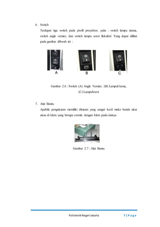 Politeknik Negeri Jakarta 7 | P a g e 
6. Switch 
Terdapat tiga switch pada profil proyektor, yaitu : switch lampu utama, 
switch angle vernier, dan switch lampu sorot fleksibel. Yang dapat dilihat 
pada gambar dibwah ini : 
Gambar 2.6 : Switch (A) Angle Vernier, (B) LampuUtama, 
(C) LampuSorot 
7. Alat Bantu 
Apabila pengukuran memiliki dimensi yang sangat kecil maka benda ukur 
akan di klem yang berupa cermin dengan klem pada sisinya. 
Gambar 2.7 : Alat Bantu 
 