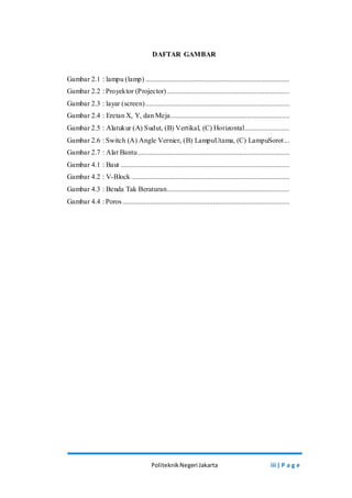 DAFTAR GAMBAR 
Gambar 2.1 : lampu (lamp) ................................................................................. 
Gambar 2.2 : Proyektor (Projector) ..................................................................... 
Gambar 2.3 : layar (screen) ................................................................................. 
Gambar 2.4 : Eretan X, Y, dan Meja................................................................... 
Gambar 2.5 : Alatukur (A) Sudut, (B) Vertikal, (C) Horizontal ......................... 
Gambar 2.6 : Switch (A) Angle Vernier, (B) LampuUtama, (C) LampuSorot... 
Gambar 2.7 : Alat Bantu ..................................................................................... 
Gambar 4.1 : Baut ............................................................................................... 
Gambar 4.2 : V-Block ......................................................................................... 
Gambar 4.3 : Benda Tak Beraturan..................................................................... 
Gambar 4.4 : Poros .............................................................................................. 
Politeknik Negeri Jakarta iii | P a g e 
 
