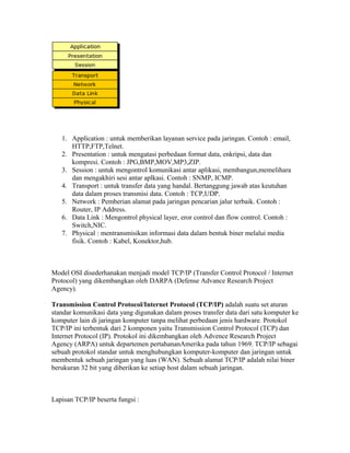 1. Application : untuk memberikan layanan service pada jaringan. Contoh : email, 
HTTP,FTP,Telnet. 
2. Presentation : untuk mengatasi perbedaan format data, enkripsi, data dan 
kompresi. Contoh : JPG,BMP,MOV,MP3,ZIP. 
3. Session : untuk mengontrol komunikasi antar aplikasi, membangun,memelihara 
dan mengakhiri sesi antar aplkasi. Contoh : SNMP, ICMP. 
4. Transport : untuk transfer data yang handal. Bertanggung jawab atas keutuhan 
data dalam proses transmisi data. Contoh : TCP,UDP. 
5. Network : Pemberian alamat pada jaringan pencarian jalur terbaik. Contoh : 
Router, IP Address. 
6. Data Link : Mengontrol physical layer, eror control dan flow control. Contoh : 
Switch,NIC. 
7. Physical : mentransmisikan informasi data dalam bentuk biner melalui media 
fisik. Contoh : Kabel, Konektor,hub. 
Model OSI disederhanakan menjadi model TCP/IP (Transfer Control Protocol / Internet 
Protocol) yang dikembangkan oleh DARPA (Defense Advance Research Project 
Agency). 
Transmission Control Protocol/Internet Protocol (TCP/IP) adalah suatu set aturan 
standar komunikasi data yang digunakan dalam proses transfer data dari satu komputer ke 
komputer lain di jaringan komputer tanpa melihat perbedaan jenis hardware. Protokol 
TCP/IP ini terbentuk dari 2 komponen yaitu Transmission Control Protocol (TCP) dan 
Internet Protocol (IP). Protokol ini dikembangkan oleh Advence Research Project 
Agency (ARPA) untuk departemen pertahananAmerika pada tahun 1969. TCP/IP sebagai 
sebuah protokol standar untuk menghubungkan komputer-komputer dan jaringan untuk 
membentuk sebuah jaringan yang luas (WAN). Sebuah alamat TCP/IP adalah nilai biner 
berukuran 32 bit yang diberikan ke setiap host dalam sebuah jaringan. 
Lapisan TCP/IP beserta fungsi : 
 