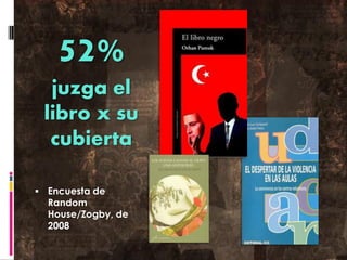 52% juzga el libro x su cubierta 
Encuesta de Random House/Zogby, de 2008  