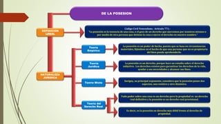 Código Civil Venezolano.- Artículo 771.-
“La posesión es la tenencia de una cosa, o el goce de un derecho que ejercemos por nosotros mismos o
por medio de otra persona que detiene la cosa o ejerce el derecho en nuestro nombre.”
DE LA POSESION
La posesión es un poder de hecho, puesto que se basa en circunstancias
materiales, fijándose en el hecho de que una persona que no es propietaria
del bien pueda aprehenderlo.
Teoría
Empírica
La posesión es un derecho, porque hace un estudio sobre el derecho
subjetivo. Los derechos existen para garantizar los derechos de la vida,
ayudar a sus necesidades y alcanzar sus fines.
Teoría
Jurídica
Savigny, su principal exponente, considera que la posesión posee dos
aspectos, uno estático y otro dinámico.
Todo poder sobre una cosa es un derecho pero la propiedad es un derecho
real definitivo y la posesión es un derecho real provisional.
Es decir, es la posesión un derecho más débil frente al derecho de
propiedad.
Teoría Mixta
Teoría del
Derecho Real
DEFINICION
LEGAL
NATURALEZA
JURIDICA
 