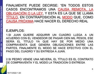 UNIVERSIDAD
TECNOLÓGICA
ECOTEC.
ISO
9001:2008
18/11/2022 1:20
6
FINALMENTE PUEDE DECIRSE: “EN TODOS ESTOS
CASOS ENCONTRAMOS UNA CAUSA REMOTA, LA
OBLIGACIÓN O LA LEY, Y ESTA ES LA QUE SE LLAMA
TÍTULO, EN CONTRAPOSICIÓN AL MODO QUE, COMO
CAUSA PRÓXIMA HACE NACER EL DERECHO REAL
EJEMPLOS:
1.SI JUAN QUIERE ADQUIRIR UN CUADRO LLEGA A UN
ACUERDO CON EL VENDEDOR DE PAGAR CIEN MIL PESOS, ESE
SERÍA EL TÍTULO YA QUE HAY DE POR MEDIO UNA
COMPRAVENTA QUE GENERA OBLIGACIONES ENTRE LAS
PARTES, FINALMENTE EL MODO SE HACE EFECTIVO CON EL
PAGO DEL CUADRO Y SU ENTREGA A JUAN.
2.SI PEDRO VENDE UNA NEVERA, EL TÍTULO ES EL CONTRATO
DE COMPRAVENTA Y EL MODO LA TRADICION O ENTREGA
 