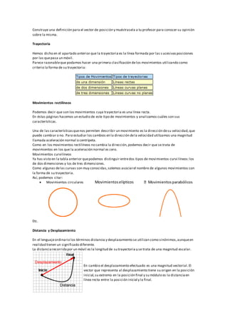 Construye una definición para el vector de posición y muéstrasela a tu profesor para conocer su opinión
sobre la misma.
Trayectoria
Hemos dicho en el apartado anterior que la trayectoria es la línea formada por las s ucesivasposiciones
por las quepasa un móvil.
Parece razonableque podamos hacer una primera clasificación delos movimientos utilizando como
criterio la forma de su trayectoria:
Movimientos rectilíneos
Podemos decir que son los movimientos cuya trayectoria es una línea recta.
En éstas páginas hacemos un estudio de este tipo de movimientos y analizamos cuáles son sus
características.
Una de las característicasquenos permiten describir un movimiento es la dirección desu velocidad,que
puede cambiar o no. Para estudiar los cambios en la dirección dela velocidad utilizamos una magnitud
llamada aceleración normal o centrípeta.
Como en los movimientos rectilíneos no cambia la dirección,podemos decir que se trata de
movimientos en los que la aceleración normal es cero.
Movimientos curvilíneos
Ya has visto en la tabla anterior quepodemos distinguir entredos tipos de movimientos curvi líneos:los
de dos dimensiones y los de tres dimensiones.
Como algunas delas curvas son muy conocidas,solemos asociarel nombre de algunos movimientos con
la forma de su trayectoria.
Así, podemos citar:
 Movimientos circulares Movimientoselípticos
Etc.
Distancia y Desplazamiento
En el lenguajeordinario los términos distancia y desplazamiento se utilizan como sinónimos,aunqueen
realidad tienen un significado diferente.
La distanciarecorridapor un móvil es la longitud de su trayectoria y se trata de una magnitud escalar.
En cambio el desplazamiento efectuado es una magnitud vectorial.El
vector que representa al desplazamiento tiene su origen en la posición
inicial,su extremo en la posición final y su módulo es la distanciaen
línea recta entre la posición inicial y la final.
 