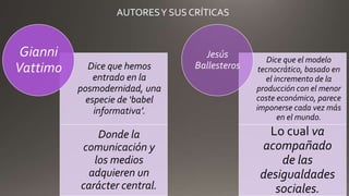 Dice que hemos
entrado en la
posmodernidad, una
especie de ‘babel
informativa’.
Donde la
comunicación y
los medios
adquieren un
carácter central.
Gianni
Vattimo
Dice que el modelo
tecnocrático, basado en
el incremento de la
producción con el menor
coste económico, parece
imponerse cada vez más
en el mundo.
Lo cual va
acompañado
de las
desigualdades
sociales.
Jesús
Ballesteros
AUTORESY SUS CRÍTICAS
 