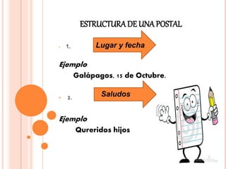 ESTRUCTURADE UNA POSTAL
• 1.
Ejemplo
Galápagos, 15 de Octubre.
• 2.
Ejemplo
Qureridos hijos
Lugar y fecha
Saludos