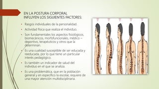 EN LA POSTURA CORPORAL
INFLUYEN LOS SIGUIENTES FACTORES:
• Rasgos individuales de la personalidad.
• Actividad física que realiza el individuo.
• Son fundamentales los aspectos fisiológicos,
biomecánicos, morfofuncionales, médico –
deportivo, terapéuticos y otros que la
determinan.
• Es una cualidad susceptible de ser educada y
reeducada, por lo que tiene un particular
interés pedagógico.
• Es también un indicador de salud del
individuo en el que se analiza.
• Es una problemática, que en la población
general y en específico la escolar, requiere de
una mayor atención multidisciplinaria.
 