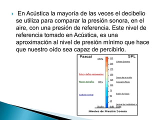    En Acústica la mayoría de las veces el decibelio
    se utiliza para comparar la presión sonora, en el
    aire, con una presión de referencia. Este nivel de
    referencia tomado en Acústica, es una
    aproximación al nivel de presión mínimo que hace
    que nuestro oído sea capaz de percibirlo.
 