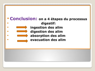  Conclusion: on a 4 étapes du processus
 digestif:
 ingestion des alim
 digestion des alim
 absorption des alim
 evacuation des alim
 