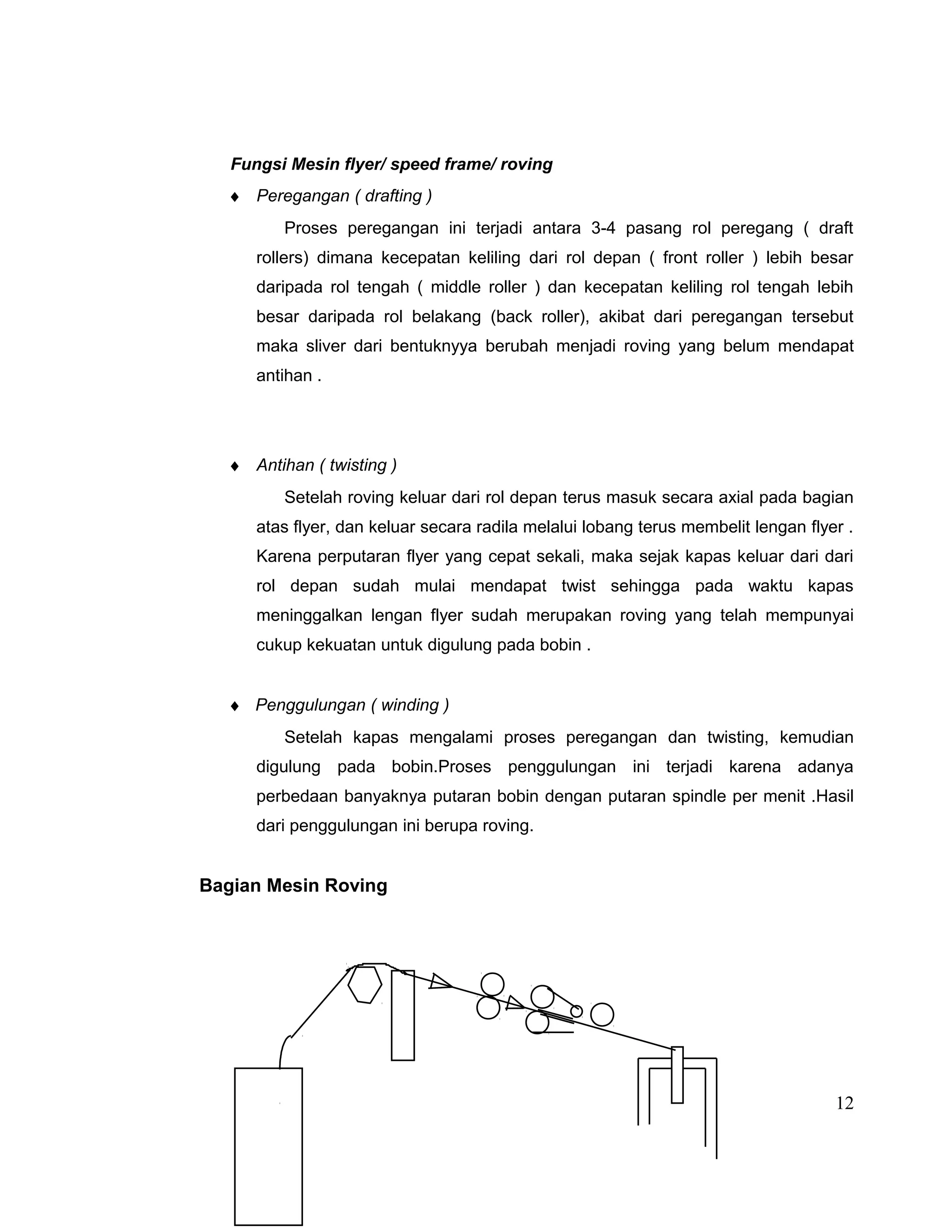Fungsi Mesin flyer/ speed frame/ roving
♦ Peregangan ( drafting )
Proses peregangan ini terjadi antara 3-4 pasang rol peregang ( draft
rollers) dimana kecepatan keliling dari rol depan ( front roller ) lebih besar
daripada rol tengah ( middle roller ) dan kecepatan keliling rol tengah lebih
besar daripada rol belakang (back roller), akibat dari peregangan tersebut
maka sliver dari bentuknyya berubah menjadi roving yang belum mendapat
antihan .

♦ Antihan ( twisting )
Setelah roving keluar dari rol depan terus masuk secara axial pada bagian
atas flyer, dan keluar secara radila melalui lobang terus membelit lengan flyer .
Karena perputaran flyer yang cepat sekali, maka sejak kapas keluar dari dari
rol depan sudah mulai mendapat twist sehingga pada waktu kapas
meninggalkan lengan flyer sudah merupakan roving yang telah mempunyai
cukup kekuatan untuk digulung pada bobin .
♦ Penggulungan ( winding )
Setelah kapas mengalami proses peregangan dan twisting, kemudian
digulung pada bobin.Proses penggulungan ini terjadi karena adanya
perbedaan banyaknya putaran bobin dengan putaran spindle per menit .Hasil
dari penggulungan ini berupa roving.

Bagian Mesin Roving

12

 