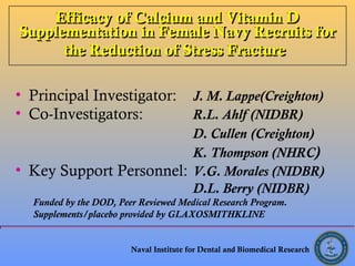 Efficacy of Calcium and Vitamin D
Supplementation in Female Navy Recruits for
the Reduction of Stress Fracture
• Principal Investigator:
• Co-Investigators:

J. M. Lappe(Creighton)
R.L. Ahlf (NIDBR)
D. Cullen (Creighton)
K. Thompson (NHRC)
• Key Support Personnel: V.G. Morales (NIDBR)
D.L. Berry (NIDBR)
Funded by the DOD, Peer Reviewed Medical Research Program.
Supplements/placebo provided by GLAXOSMITHKLINE

Naval Institute for Dental and Biomedical Research

 