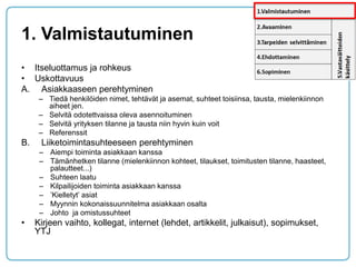1. Valmistautuminen 
•Itseluottamus ja rohkeus 
•Uskottavuus 
A.Asiakkaaseen perehtyminen 
–Tiedä henkilöiden nimet, tehtävät ja asemat, suhteet toisiinsa, tausta, mielenkiinnon aiheet jen. 
–Selvitä odotettvaissa oleva asennoituminen 
–Selvitä yrityksen tilanne ja tausta niin hyvin kuin voit 
–Referenssit 
B.Liiketoimintasuhteeseen perehtyminen 
–Aiempi toiminta asiakkaan kanssa 
–Tämänhetken tilanne (mielenkiinnon kohteet, tilaukset, toimitusten tilanne, haasteet, palautteet...) 
–Suhteen laatu 
–Kilpailijoiden toiminta asiakkaan kanssa 
–’Kielletyt’ asiat 
–Myynnin kokonaissuunnitelma asiakkaan osalta 
–Johto ja omistussuhteet 
•Kirjeen vaihto, kollegat, internet (lehdet, artikkelit, julkaisut), sopimukset, YTJ  