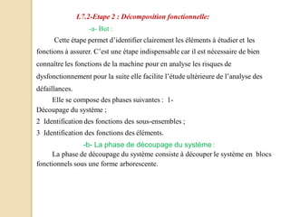 I.7.2-Etape 2 : Décomposition fonctionnelle:
-a- But :
Cette étape permet d’identifier clairement les éléments à étudier et les
fonctions à assurer. C’est une étape indispensable car il est nécessaire de bien
connaître les fonctions de la machine pour en analyse les risques de
dysfonctionnement pour la suite elle facilite l’étude ultérieure de l’analyse des
défaillances.
Elle se compose des phases suivantes : 1-
Découpage du système ;
2 Identification des fonctions des sous-ensembles ;
3 Identification des fonctions des éléments.
-b- La phase de découpage du système :
La phase de découpage du système consiste à découper le système en blocs
fonctionnels sous une forme arborescente.
 