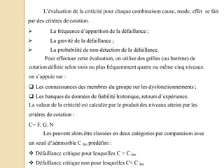 L’évaluation de la criticité pour chaque combinaison cause, mode, effet se fait
par des critères de cotation.
 La fréquence d’apparition de la défaillance ;
 La gravité de la défaillance ;
 La probabilité de non-détection de la défaillance.
Pour effectuer cette évaluation, on utilise des grilles (ou barème) de
cotation définie selon trois ou plus fréquemment quatre ou même cinq niveaux
on s’appuie sur :
 Les connaissances des membres du groupe sur les dysfonctionnements ;
 Les banques de données de fiabilité historique, retours d’expérience.
La valeur de la criticité est calculée par le produit des niveaux atteint par les
critères de cotation :
C= F. G. N
Les peuvent alors être classées en deux catégories par comparaison avec
un seuil d’admissible C lim prédéfini :
 Défaillance critique pour lesquelles C > C lim
 Défaillance critique non pour lesquelles C< C lim
 