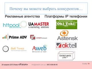 24 апреля 2013 Киев «iForum» info@istat24.com.ua (067) 636-06-40
Слайд 15
Рекламные агентства Платформы IP телефонии
Почему вы можете выбрать конкурентов…
 
