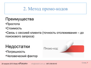24 апреля 2013 Киев «iForum» info@istat24.com.ua (067) 636-06-40
Слайд 7
2. Метод промо-кодов
Преимущества
•Простота
•Стоимость
•Связь с сессией клиента (точность отслеживания – до
поискового запроса)
Недостатки
•Погрешность
•Человеческий фактор
 