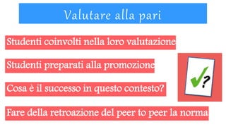 Valutare alla pari
Studenti coinvolti nella loro valutazione
Fare della retroazione del peer to peer la norma
Studenti preparati alla promozione
Cosa è il successo in questo contesto?
 