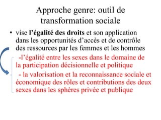 Approche genre: outil de
transformation sociale
• vise l’égalité des droits et son application
dans les opportunités d’accès et de contrôle
des ressources par les femmes et les hommes
-l’égalité entre les sexes dans le domaine de
la participation décisionnelle et politique
- la valorisation et la reconnaissance sociale et
économique des rôles et contributions des deux
sexes dans les sphères privée et publique