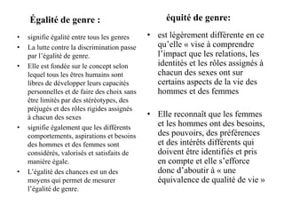 Égalité de genre :
• signifie égalité entre tous les genres
• La lutte contre la discrimination passe
par l’égalité de genre.
• Elle est fondée sur le concept selon
lequel tous les êtres humains sont
libres de développer leurs capacités
personnelles et de faire des choix sans
être limités par des stéréotypes, des
préjugés et des rôles rigides assignés
à chacun des sexes
• signifie également que les différents
comportements, aspirations et besoins
des hommes et des femmes sont
considérés, valorisés et satisfaits de
manière égale.
• L’égalité des chances est un des
moyens qui permet de mesurer
l’égalité de genre.
équité de genre:
• est légèrement différente en ce
qu’elle « vise à comprendre
l’impact que les relations, les
identités et les rôles assignés à
chacun des sexes ont sur
certains aspects de la vie des
hommes et des femmes
• Elle reconnaît que les femmes
et les hommes ont des besoins,
des pouvoirs, des préférences
et des intérêts différents qui
doivent être identifiés et pris
en compte et elle s’efforce
donc d’aboutir à « une
équivalence de qualité de vie »